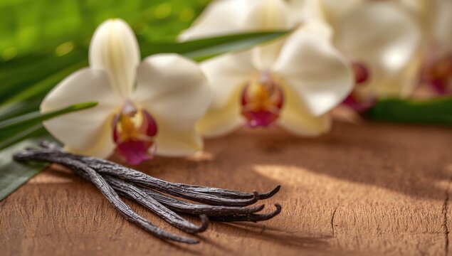 Orchids and Vanilla Beans on a Wooden Surface with Soft Natural Light