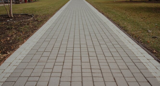 Pathway of Paved Stones Leading Through a Park with Green Grass