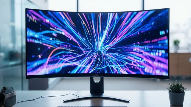 Curved monitor displaying vibrant abstract light streaks during a slow camera pan in a modern office
