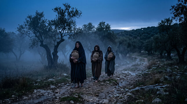 The women walking through the dark, misty olive grove before dawn, carrying heavy clay jars of burial spices to the tomb