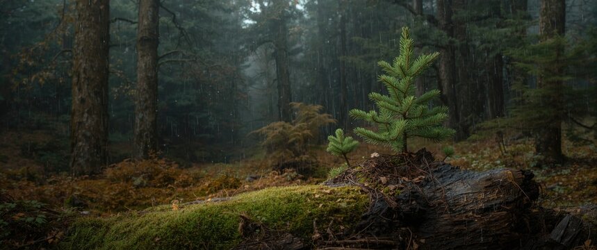 Young Pine Seedling Growing on Fallen Log - Misty Forest Landscape, Autumn Colors, Soft Light