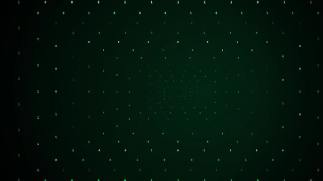 Binary digits shifting through a glowing receding tunnel in dark green digital space