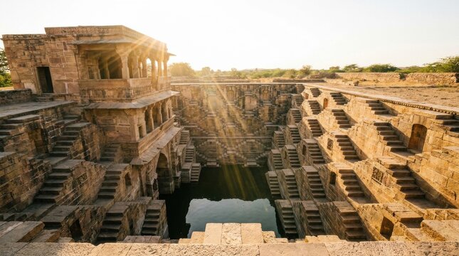 Ancient Stepwell Architecture: An ancient Indian stepwell stands majestically under the golden light of a setting sun, its intricate symmetrical staircases descending into a pool of water.