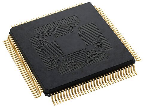 A highangle view of a square integrated circuit microchip with goldplated pins and intricate circuit board traces on its black surface