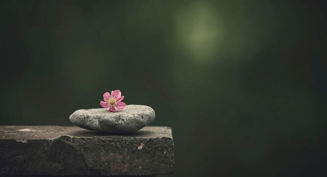 Pink Flower on a Smooth Stone in Soft Focus with Dark Background