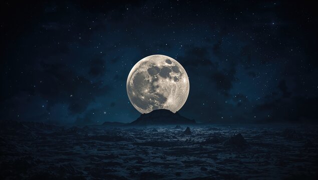 Full Moon Rising Over Dark Mountain Landscape Under Starry Sky