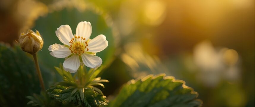Delicate Strawberry Flower with Buds Glowing in Soft Sunset Light