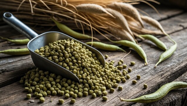 Scoop of Green Seeds on Wooden Surface with Dried Plant Stems