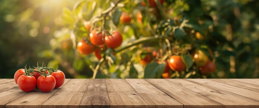 Ripe Tomatoes on a Wooden Table with a Garden Background in Soft Light