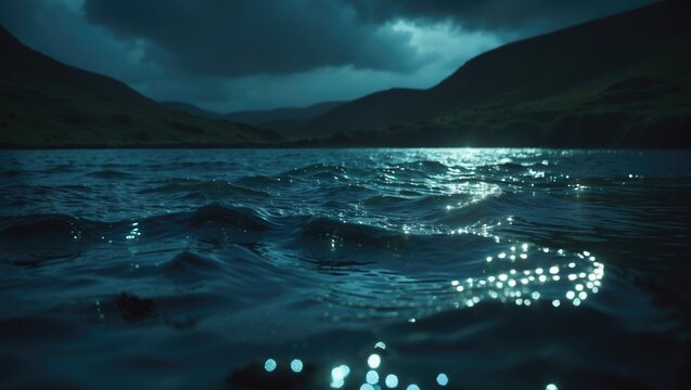 Moonlit Water Surface with Glimmering Reflections and Dark Clouds in the Background