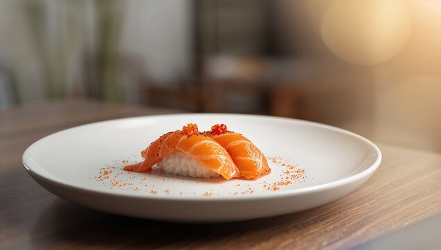 Salmon Sushi on a Plate with Garnish in Bright Restaurant Setting