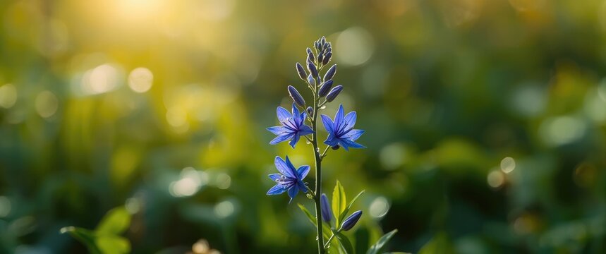 Blue Wildflower Blooming in Soft Morning Light with Green Background