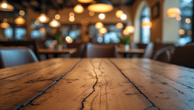 Rustic Wooden Table in a Cozy Restaurant Setting with Warm Ambient Lighting