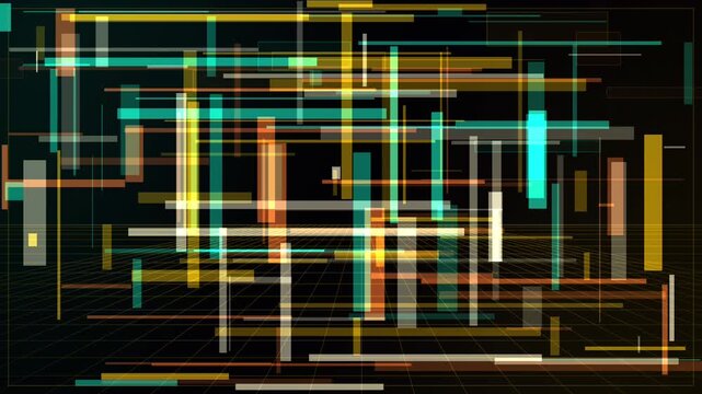 Floating rectangular bars shifting positions above yellow grid plane in dark digital space