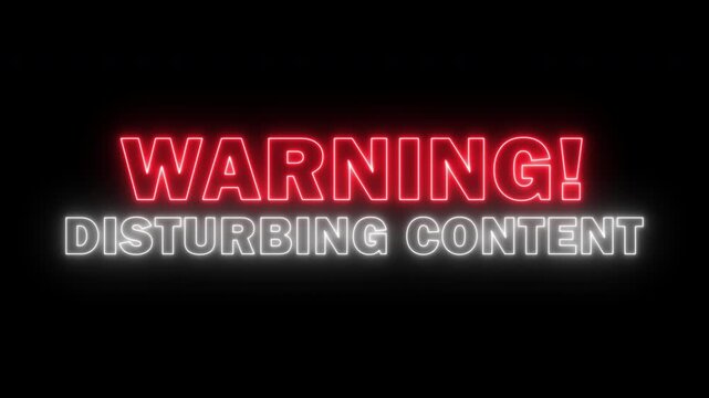 Warning Disturbing Content red and white neon glowing line trail animation, alert sensitive information for viewer attention audience on transarent background, 4k video