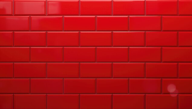 Glossy Red Subway Tiles in a Uniform Pattern on a Wall