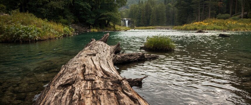 Fallen Log by Calm River with Waterfall and Lush Green Forest Surroundings