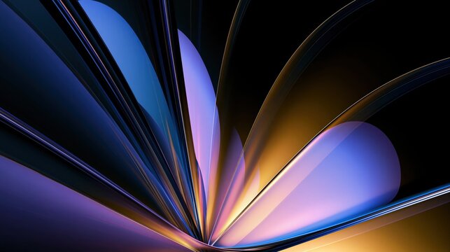 Fan shaped glass ribbons with luminous iridescent light reflections
