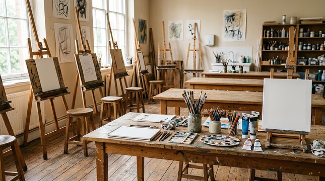 School Art Classroom with Painting Supplies