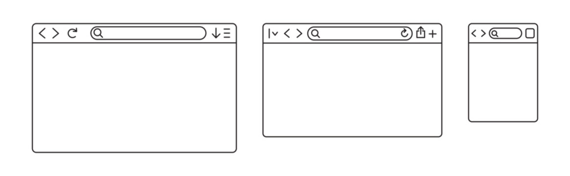 Blank Web Browser Window Mockup. Empty Website Page, Browser Interface Template and Web Navigation Vector Illustration.