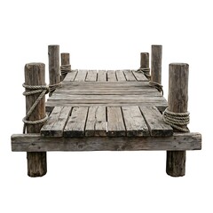 Fototapeta premium A rustic wooden pier or dock with weathered planks and thick ropewrapped pilings, isolated on white background