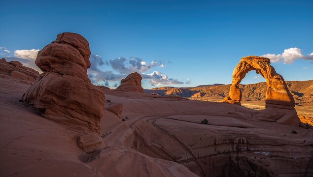 Delicate Arch Rock Formation at Sunset with Dramatic Sky in Arid Landscape