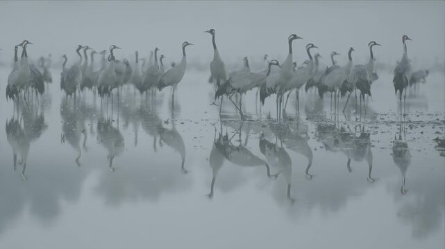 Flock of graceful cranes standing in shallow water with reflections