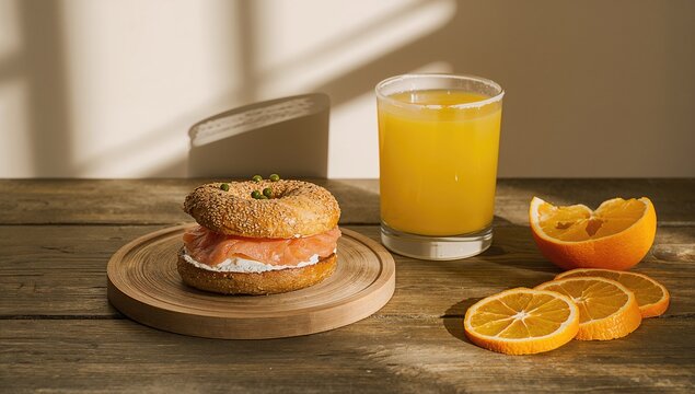 Bagel Sandwich with Cream Cheese and Salmon on Wooden Plate with Orange Juice and Slices
