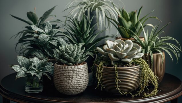 Assorted Indoor Plants in Decorative Pots on a Wooden Table with Natural Light