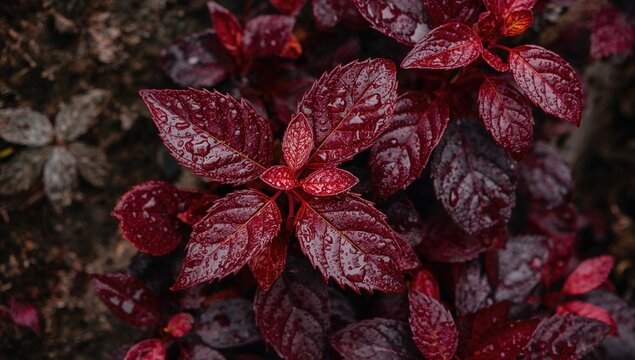 Deep Red Leaves with Water Drops in Natural Setting