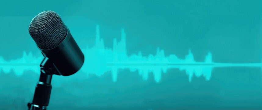 Microphone with Sound Waves on Turquoise Background