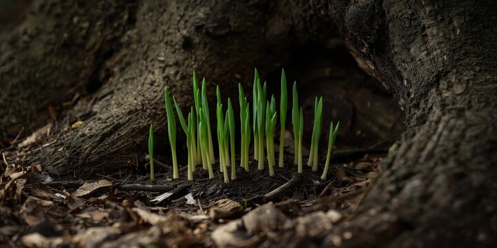 New Green Shoots Emerging from Soil at the Base of a Tree Trunk in Soft Natural Light