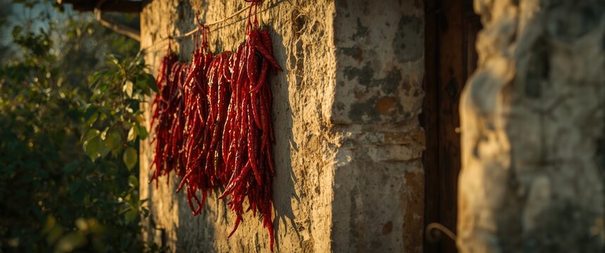 Bunches of Red Chili Peppers Hanging on a Stone Wall at Sunset