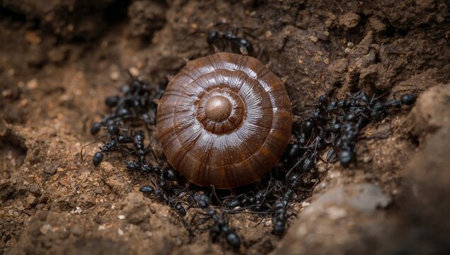 Brown Snail Shell Surrounded by Black Ants on Soil Ground