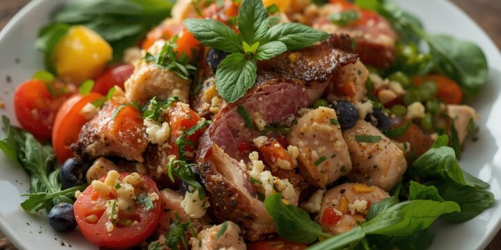 Grilled Chicken Salad with Fresh Vegetables and Herbs on a Plate