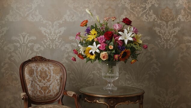 Elegant Floral Arrangement in Crystal Vase on Decorative Table with Vintage Chair