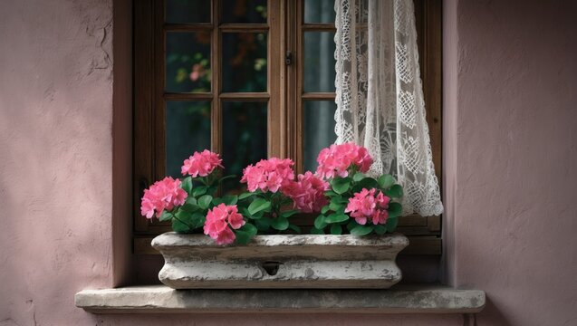 Pink Flowers Blooming in a Flower Box Under a Lace Curtain by a Window
