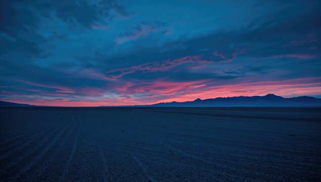Vast Desert Landscape at Twilight with Dramatic Pink and Blue Clouds