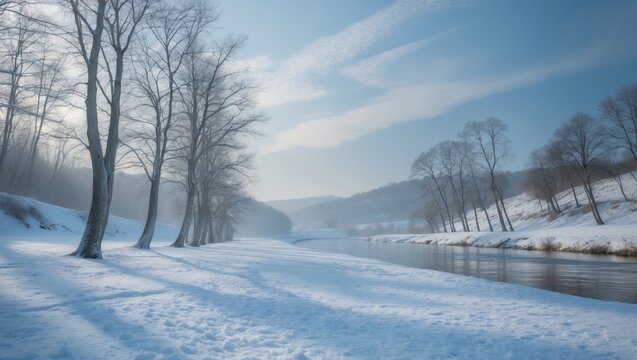Wintry Landscape with Leafless Trees Along a River Under Soft Blue Light