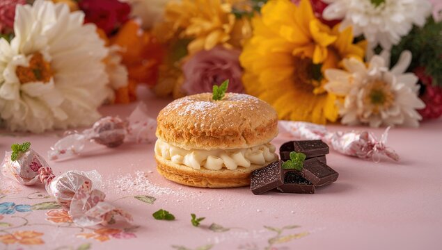 Cream Filled Cookie with Chocolate and Floral Background Decorations