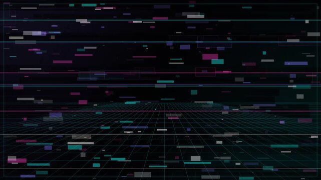 Floating translucent rectangles above glowing cyan grid in dark virtual space