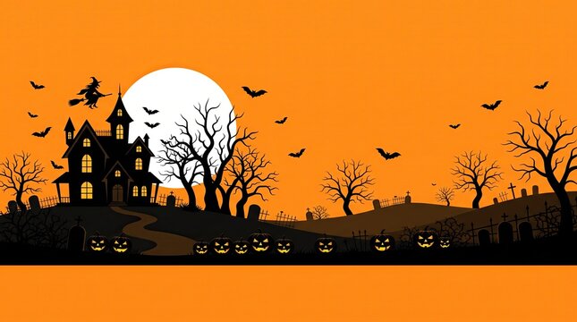 Halloween night panorama vector background with haunted house silhouette, bats, cemetery, and full moon