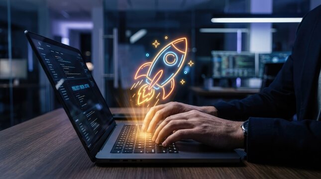 Digital rocket launching from a laptop screen representing innovation and technological advancement