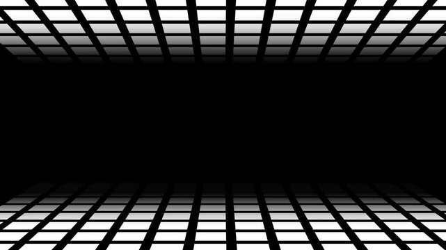 A glowing white wireframe grid floor stretches into a dark endless perspective tunnel creating a sleek futuristic digital technology motion background