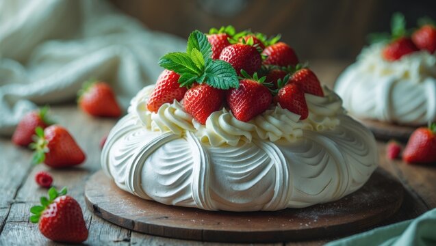 Pavlova Cake Topped with Fresh Strawberries and Mint on a Rustic Wooden Table