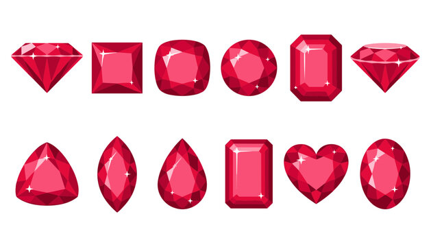 Red Precious Gemstones and Crystals Icon Set Featuring Brilliant Ruby Diamonds in Round Heart Emerald Pear Marquise and Oval Cuts Vector Illustration Isolated on White Background
