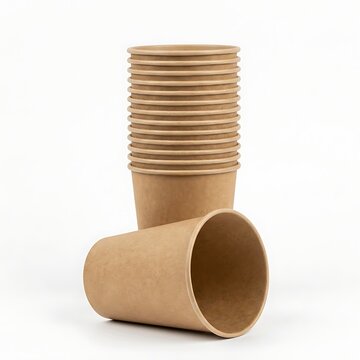 A stack of brown paper cups with one cup lying in front, isolated on white background