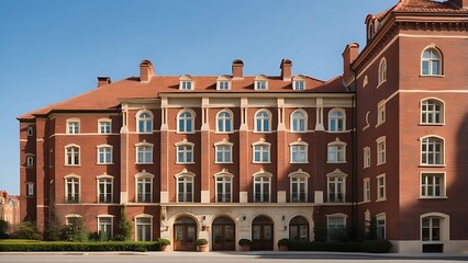 Fototapeta premium Historic red brick building with classic architectural design arched windows and tiled roof under a clear blue sky in an urban city environment exterior view