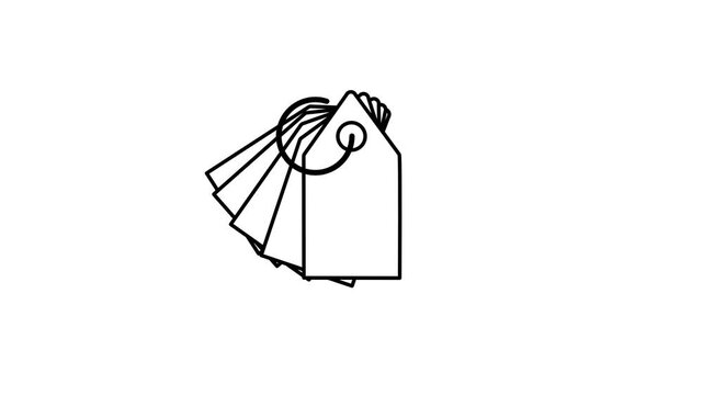 A fanned out group of five blank price tags represents multiple discounts sales offers coupons or product labels displayed in a colorful retail store
