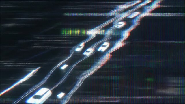Futuristic aerial perspective captures speeding vehicles navigating a glowing digital highway, showcasing the rapid advancement of autonomous transportation systems and data flow